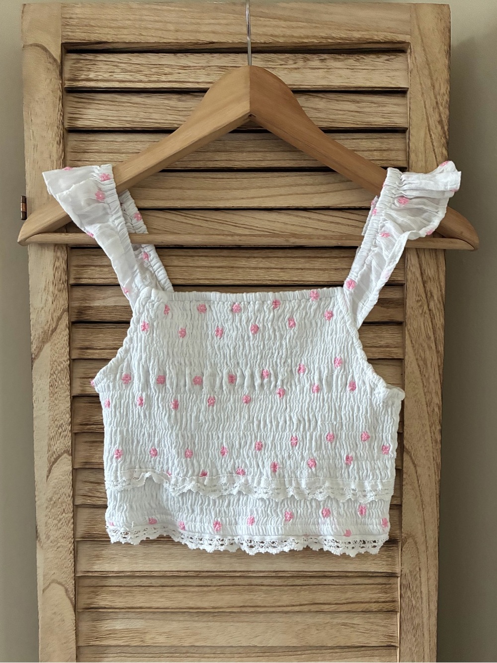 Japna Womens White Pink Floral Smocked Crop Top Ruffle Strap Lace Trim S Femme